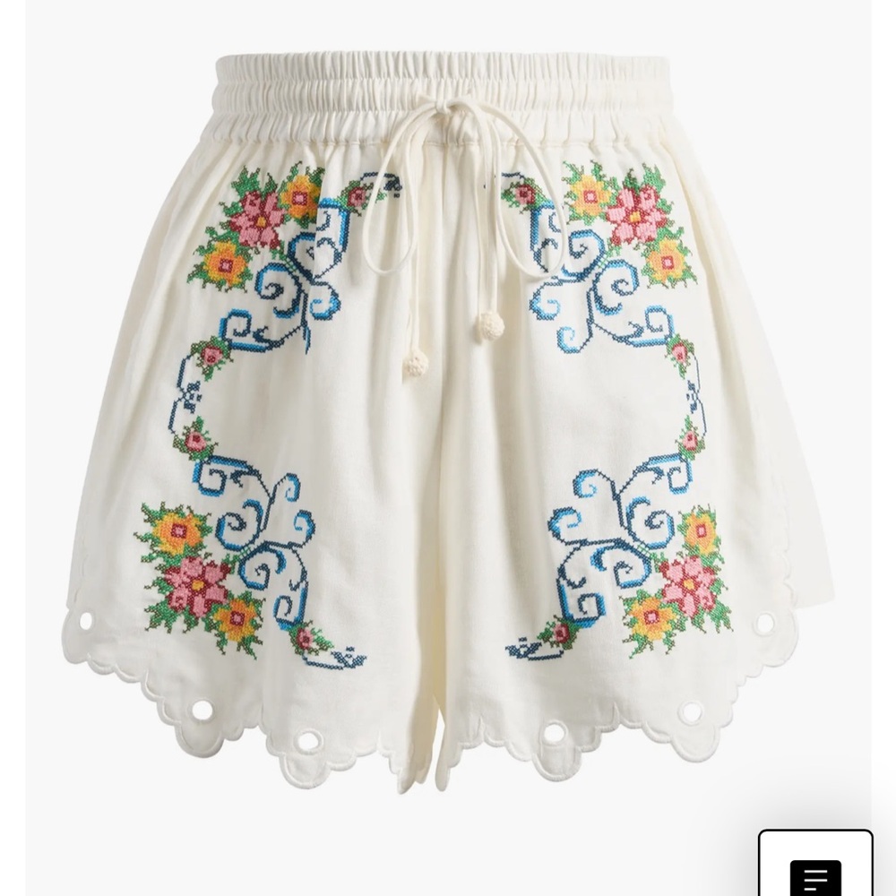 Farm Rio Grandma’s Treasure Linen Blend Embroidered White Floral Shorts